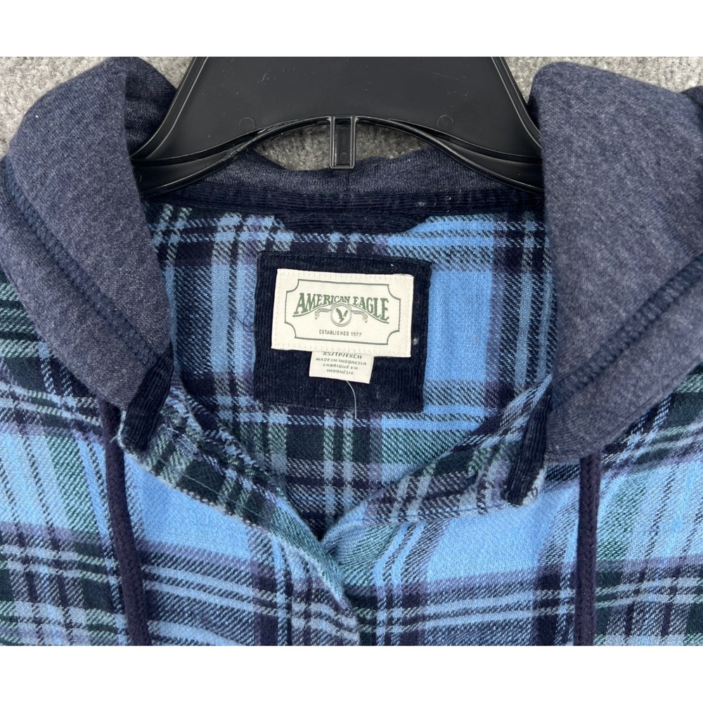 American Eagle Blue Plaid Hooded Flannel Shirt Button Size XS Grunge Skater - Picture 3 of 7